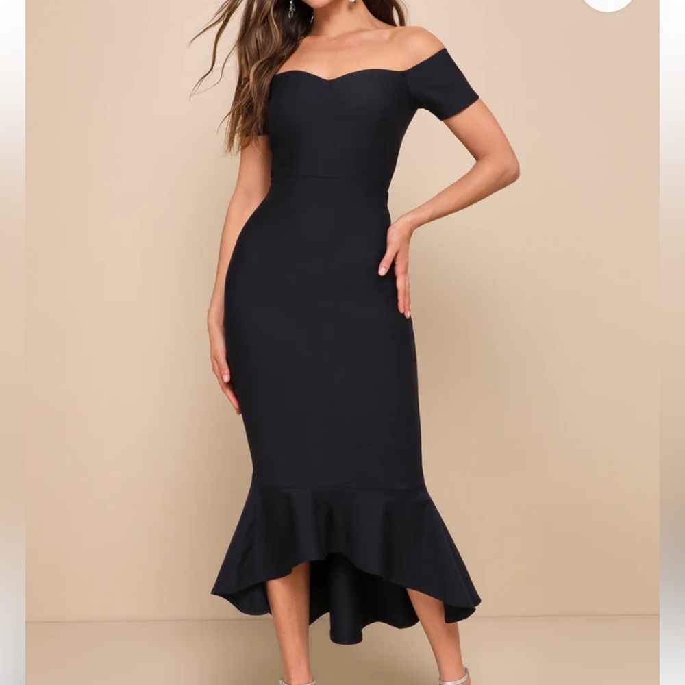 Lulus How Much I Care Midnight Blue Off-the-Shoulder Midi Dress
